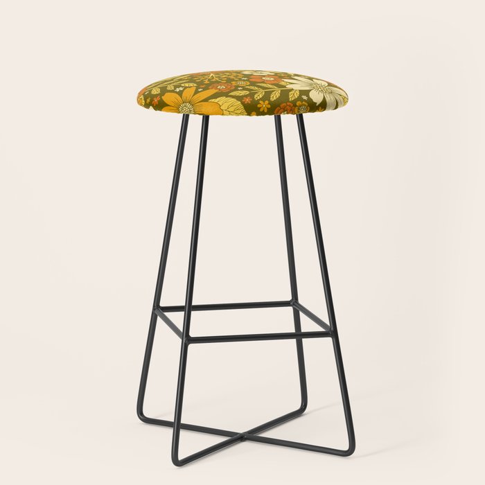 1970s Retro Flowers Pattern in Yellow, Orange & Olive Green Stool Gallery Image 1