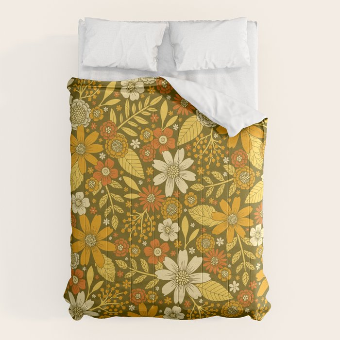 1970s Retro Flowers Pattern in Yellow, Orange & Olive Green Comforter Gallery Image 6