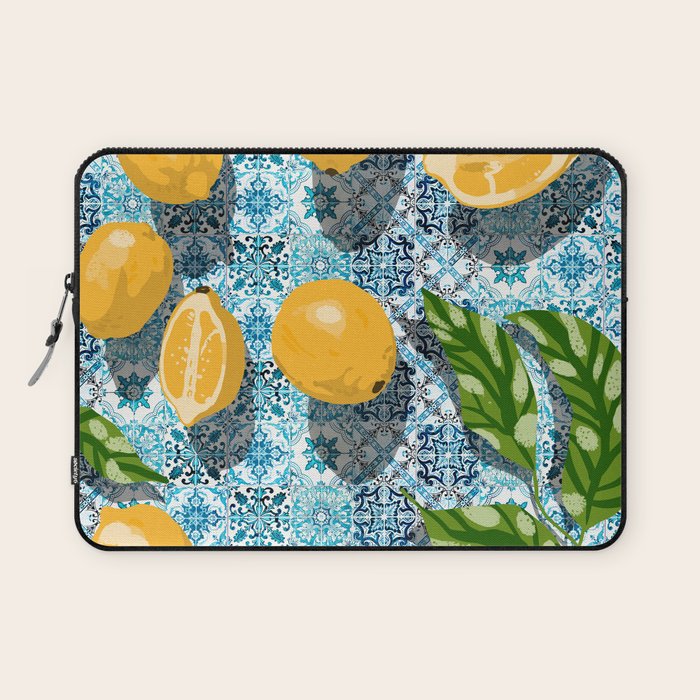 Juicy Lemons on Blue Moroccan Tiles Laptop Sleeve Gallery Image 1