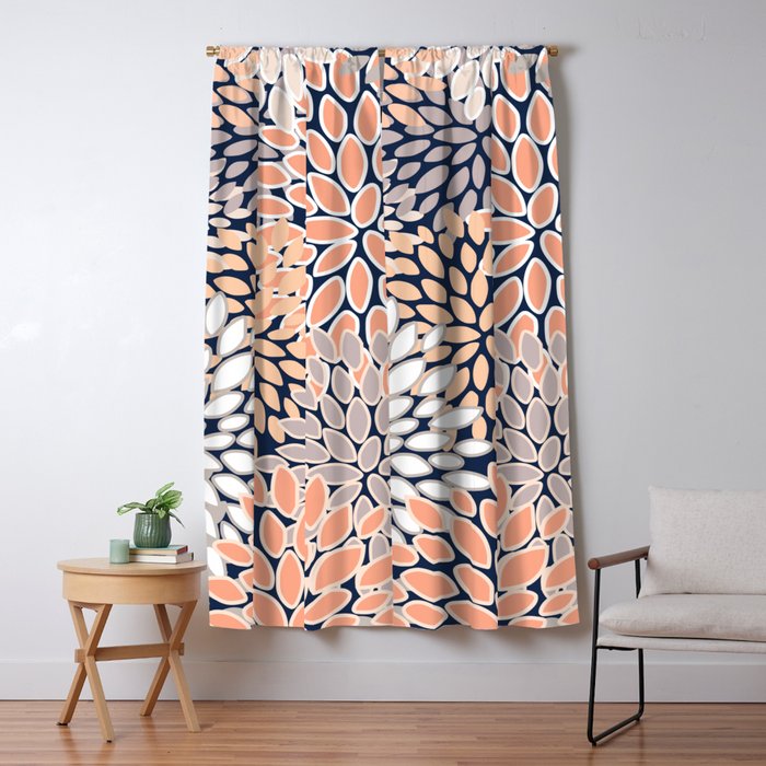 Floral Prints, Navy, Coral, Peach and Gray, Abstract Art, Coloured Prints Window Curtain Gallery Image 1