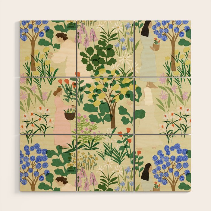 Ladies working in the garden (BEIGE) Wood Wall Art Gallery Image 1