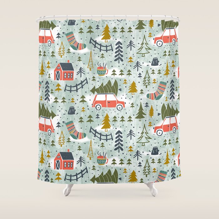 Home For The Holidays Blush Mint Christmas Shower Curtain Gallery Image 1