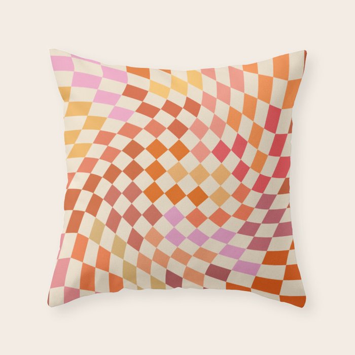 Orange, Yellow & Pink  Swirl Checker Throw Pillow Gallery Image 1