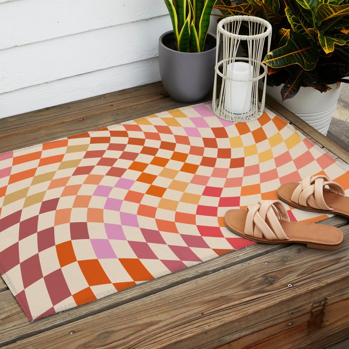 Orange, Yellow & Pink  Swirl Checker Outdoor Rug Gallery Image 2