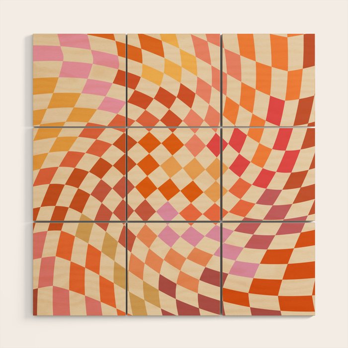 Orange, Yellow & Pink  Swirl Checker Wood Wall Art Gallery Image 1