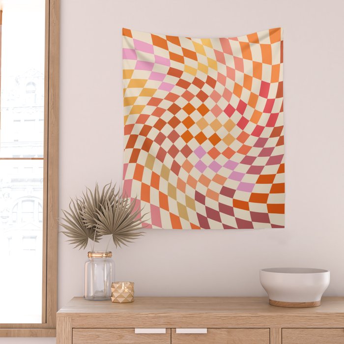 Orange, Yellow & Pink  Swirl Checker Wall Tapestry Gallery Image 2