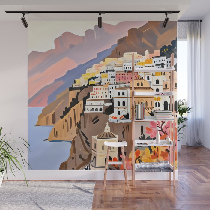 Amalfi Coast, Painting Nature Landscape Travel, Summer Romantic Scenic Pastel Colorful Places, Exotic Europe Mountains Hills Valley Beach Ocean Illustration Wall Mural Gallery Image 1