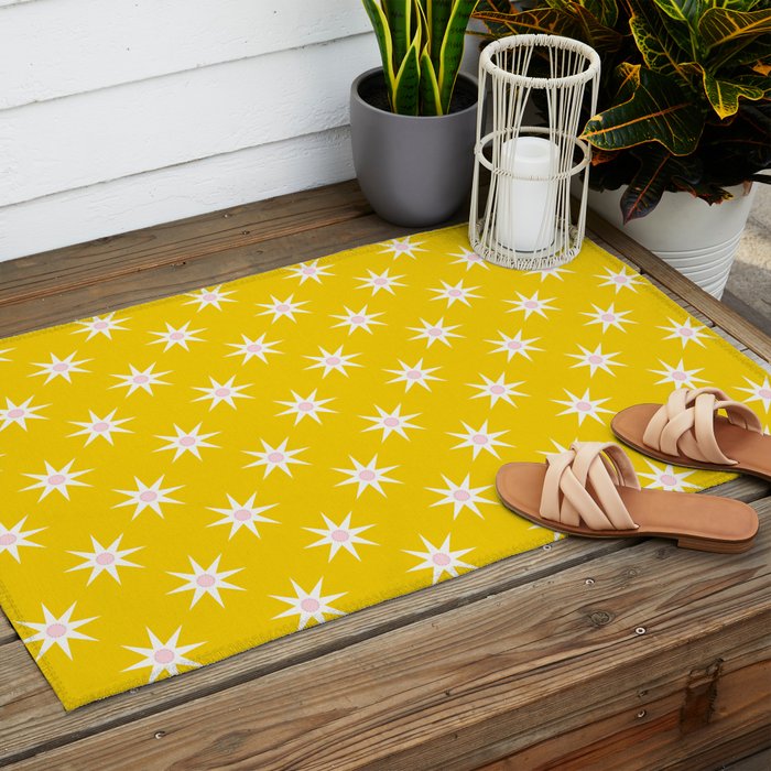 Northern Winter Star Festive Grid Pink White and Bright Yellow Outdoor Rug Gallery Image 2