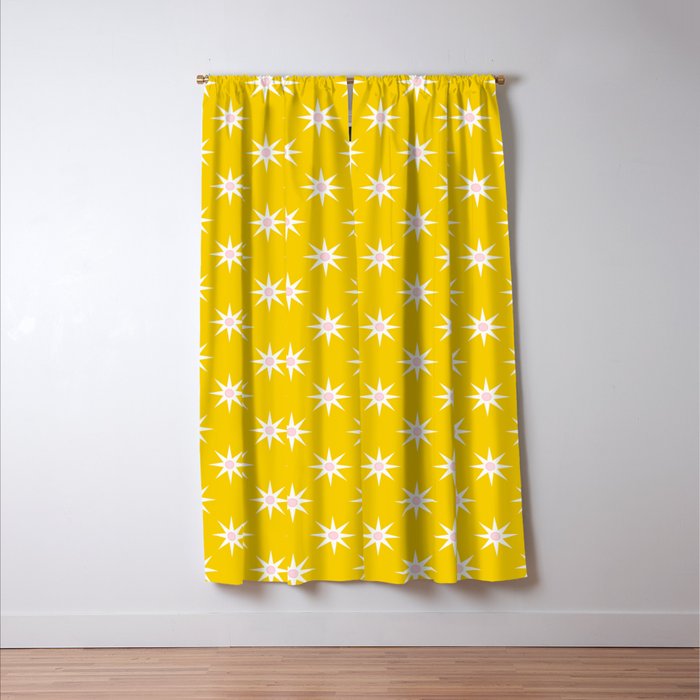 Northern Winter Star Festive Grid Pink White and Bright Yellow Window Curtain Gallery Image 3