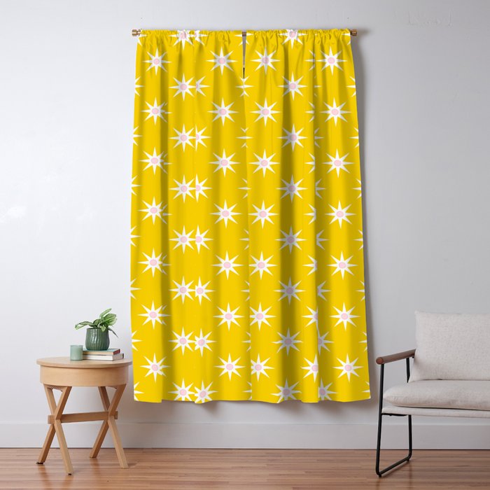 Northern Winter Star Festive Grid Pink White and Bright Yellow Window Curtain Gallery Image 1