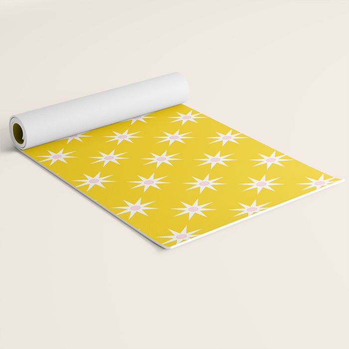 Northern Winter Star Festive Grid Pink White and Bright Yellow Yoga Mat Gallery Image 2