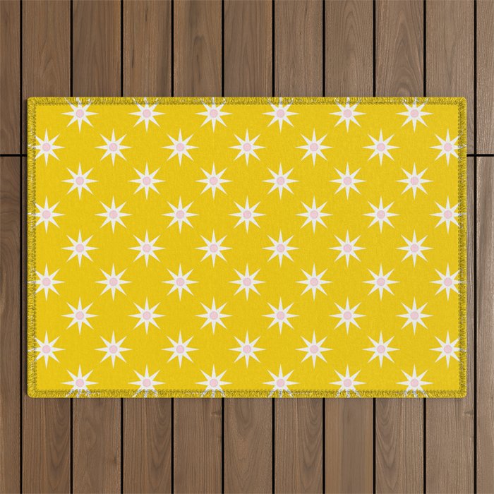 Northern Winter Star Festive Grid Pink White and Bright Yellow Outdoor Rug Gallery Image 1