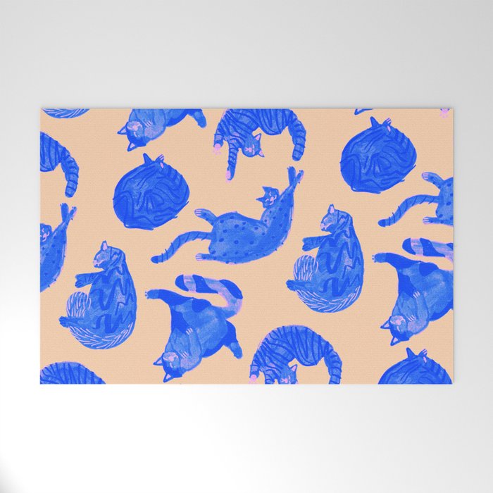 Sleepy Cozy Kitty Cats in Blue & Pink Welcome Mat Gallery Image 1