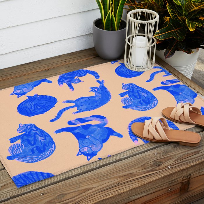 Sleepy Cozy Kitty Cats in Blue & Pink Outdoor Rug Gallery Image 2