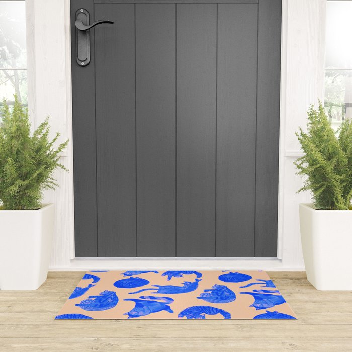 Sleepy Cozy Kitty Cats in Blue & Pink Welcome Mat Gallery Image 3
