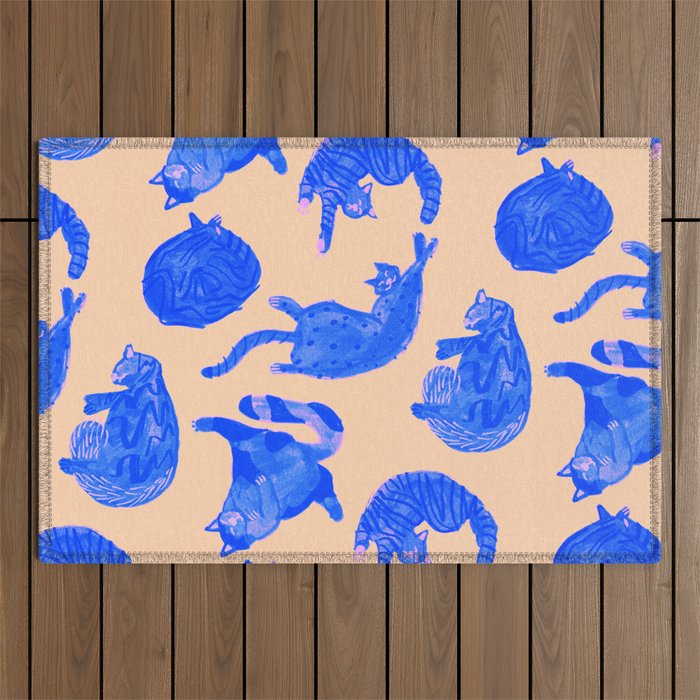 Sleepy Cozy Kitty Cats in Blue & Pink Outdoor Rug Gallery Image 1