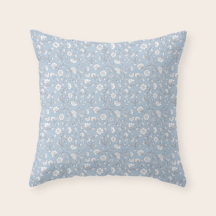 Vintage Small Block Print Floral - Sky Throw Pillow Gallery Image 6