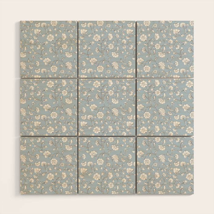 Vintage Small Block Print Floral - Sky Wood Wall Art Gallery Image 1