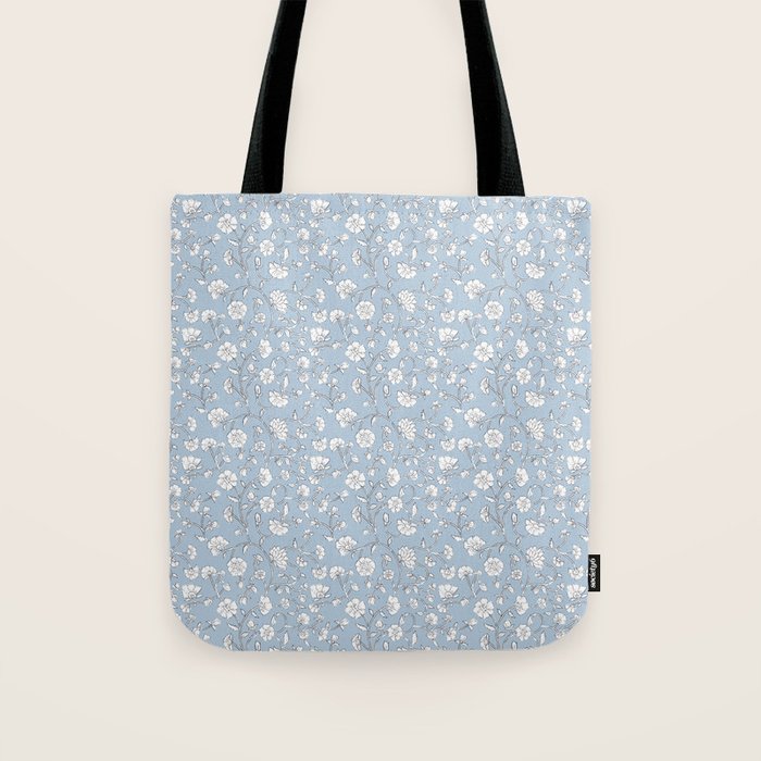 Vintage Small Block Print Floral - Sky Tote Bag Gallery Image 1