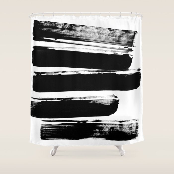 Stripes Black & White Minimalist Abstract Mid century Ink Art Dark Brush Strokes Shower Curtain Gallery Image 1