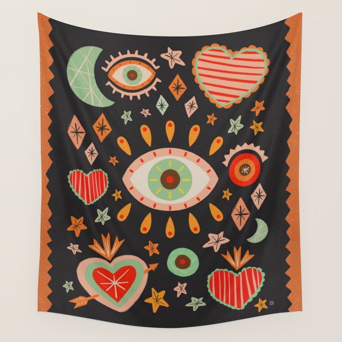 Sacred heart symbols & stars | Fall colors Wall Tapestry Gallery Image 4