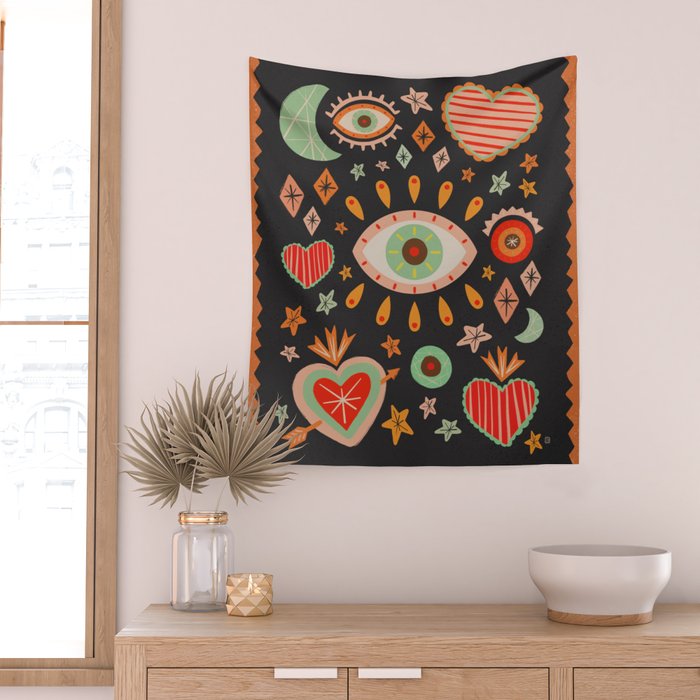 Sacred heart symbols & stars | Fall colors Wall Tapestry Gallery Image 2
