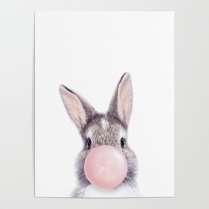Bunny Rabbit Blowing Bubble Gum, Pink Nursery, Baby Animals Art Print by Synplus Poster Gallery Image 1