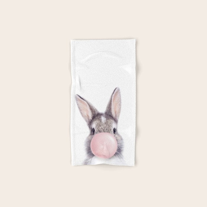 Bunny Rabbit Blowing Bubble Gum, Pink Nursery, Baby Animals Art Print by Synplus Bath Towel Gallery Image 1