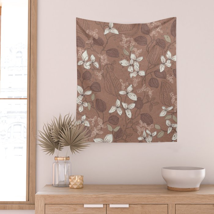 Floral elegance relaxed textured mocha mousse Wall Tapestry Gallery Image 2