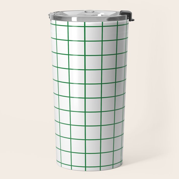 Grid Lines Green and White Geometric Pattern Travel Mug Gallery Image 2
