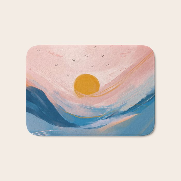 Pink and Blue Abstract Art Ocean and Sunrise Bath Mat Gallery Image 1