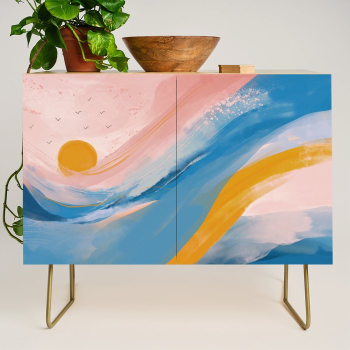 Pink and Blue Abstract Art Ocean and Sunrise Credenza Gallery Image 1