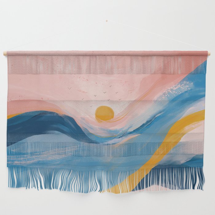 Pink and Blue Abstract Art Ocean and Sunrise Wall Hanging Gallery Image 1