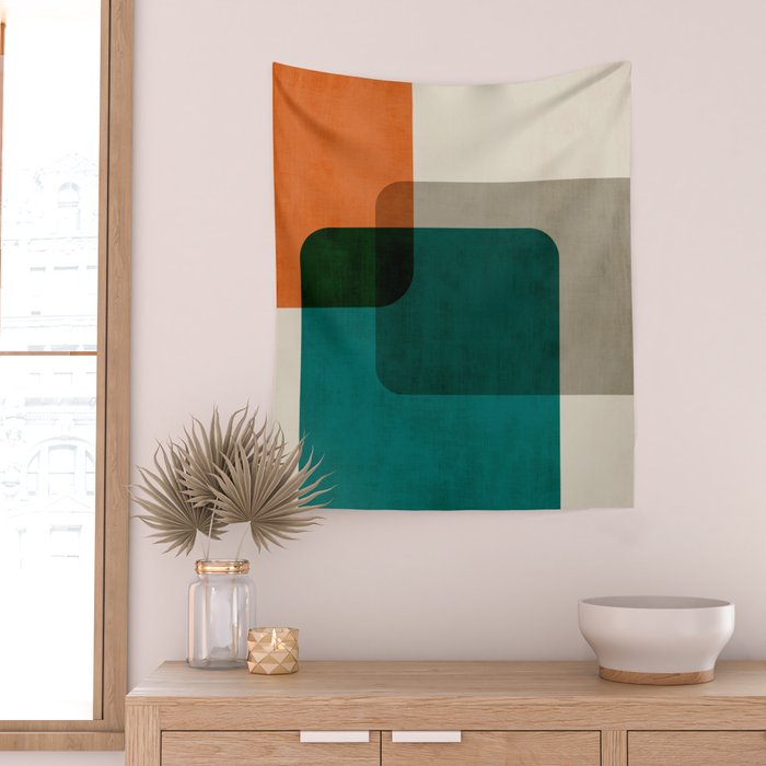 Orange Teal MCM Modern Minimalism Artwork Wall Tapestry Gallery Image 2