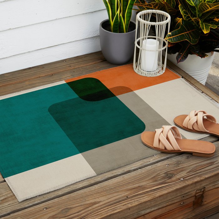 Orange Teal MCM Modern Minimalism Artwork Outdoor Rug Gallery Image 2