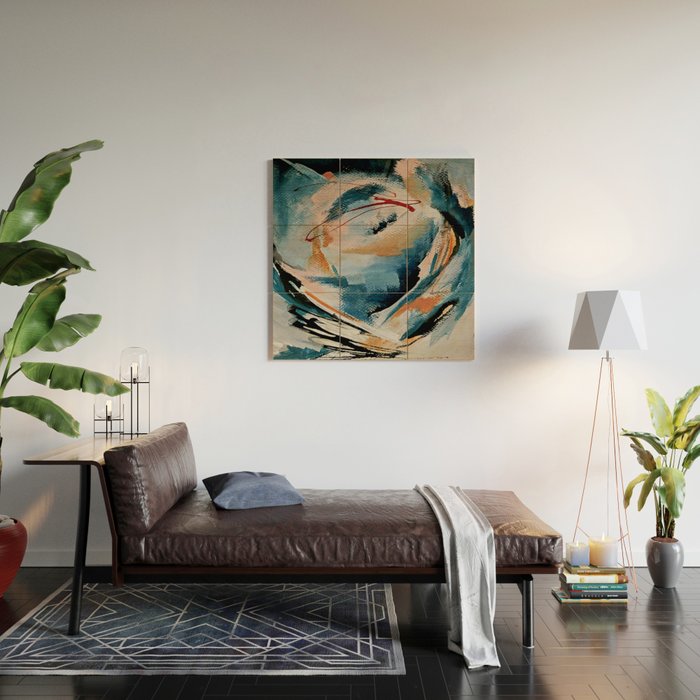 Drift 6: a bold mixed media piece in blues, brown, pink and red Wood Wall Art Gallery Image 2
