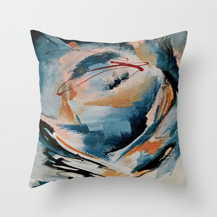Drift 6: a bold mixed media piece in blues, brown, pink and red Throw Pillow Gallery Image 6