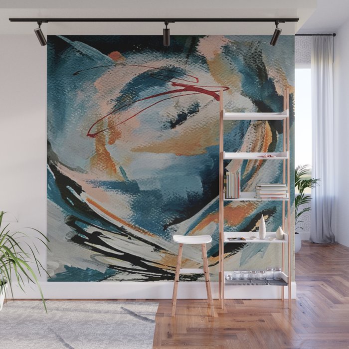 Drift 6: a bold mixed media piece in blues, brown, pink and red Wall Mural Gallery Image 1