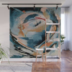 Drift 6: a bold mixed media piece in blues, brown, pink and red Wall Mural Gallery Image 1