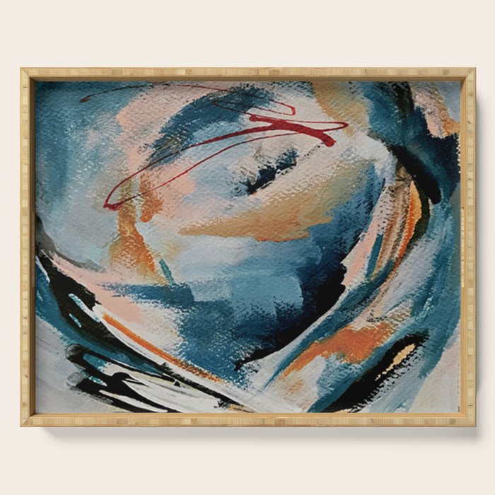 Drift 6: a bold mixed media piece in blues, brown, pink and red Serving Tray Gallery Image 1