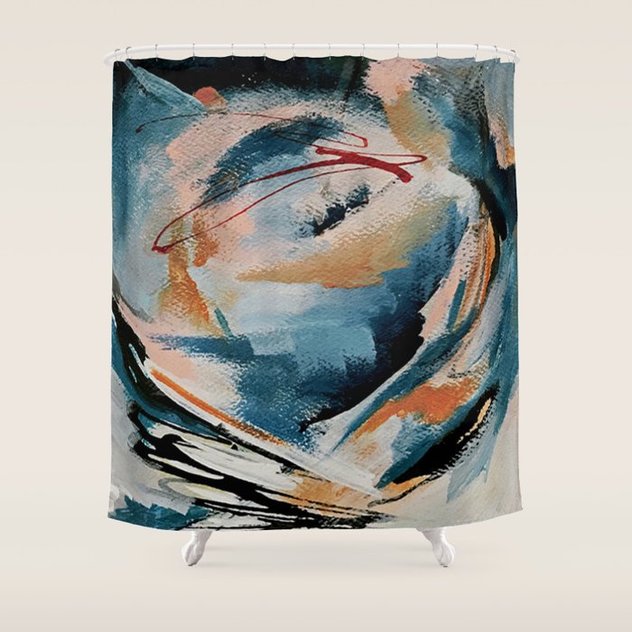 Drift 6: a bold mixed media piece in blues, brown, pink and red Shower Curtain Gallery Image 1