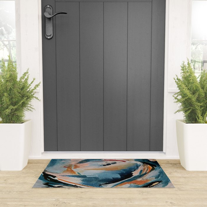 Drift 6: a bold mixed media piece in blues, brown, pink and red Welcome Mat Gallery Image 3