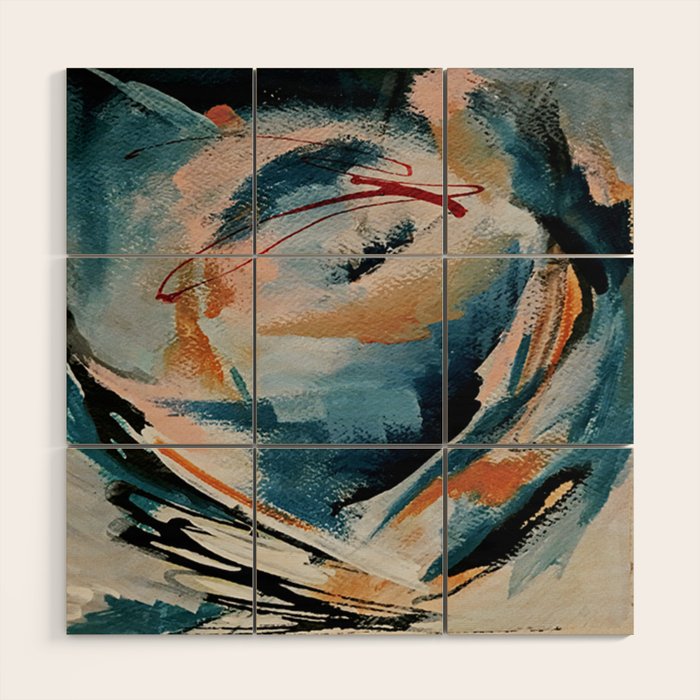 Drift 6: a bold mixed media piece in blues, brown, pink and red Wood Wall Art Gallery Image 1