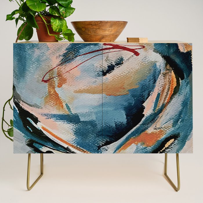 Drift 6: a bold mixed media piece in blues, brown, pink and red Credenza Gallery Image 1