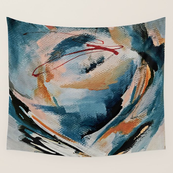 Drift 6: a bold mixed media piece in blues, brown, pink and red Wall Tapestry Gallery Image 1