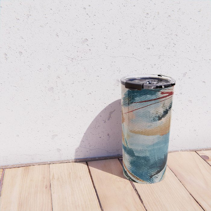 Drift 6: a bold mixed media piece in blues, brown, pink and red Travel Mug Gallery Image 4