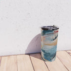 Drift 6: a bold mixed media piece in blues, brown, pink and red Travel Mug Gallery Image 4