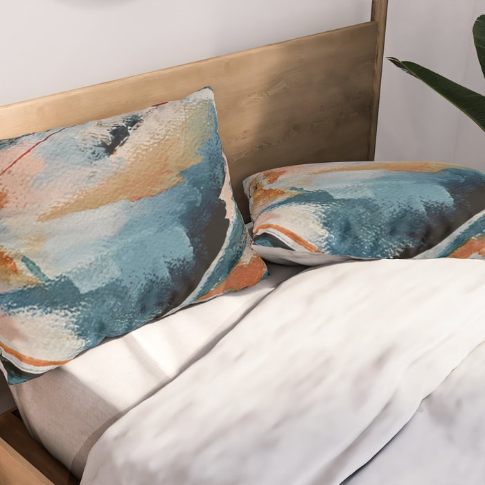 Drift 6: a bold mixed media piece in blues, brown, pink and red Pillow Sham Gallery Image 2