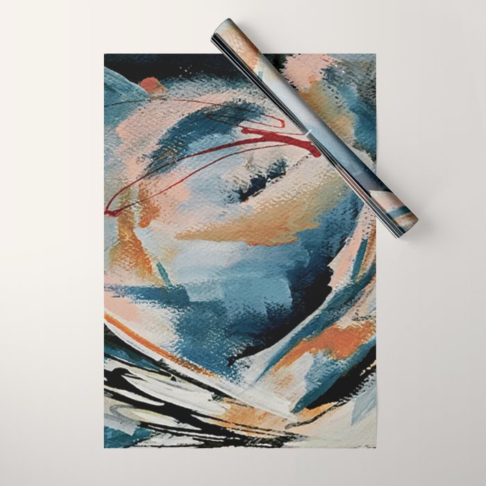Drift 6: a bold mixed media piece in blues, brown, pink and red Wrapping Paper Gallery Image 1