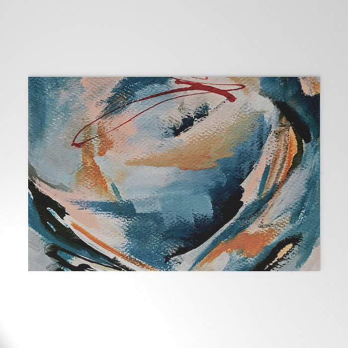 Drift 6: a bold mixed media piece in blues, brown, pink and red Welcome Mat Gallery Image 1